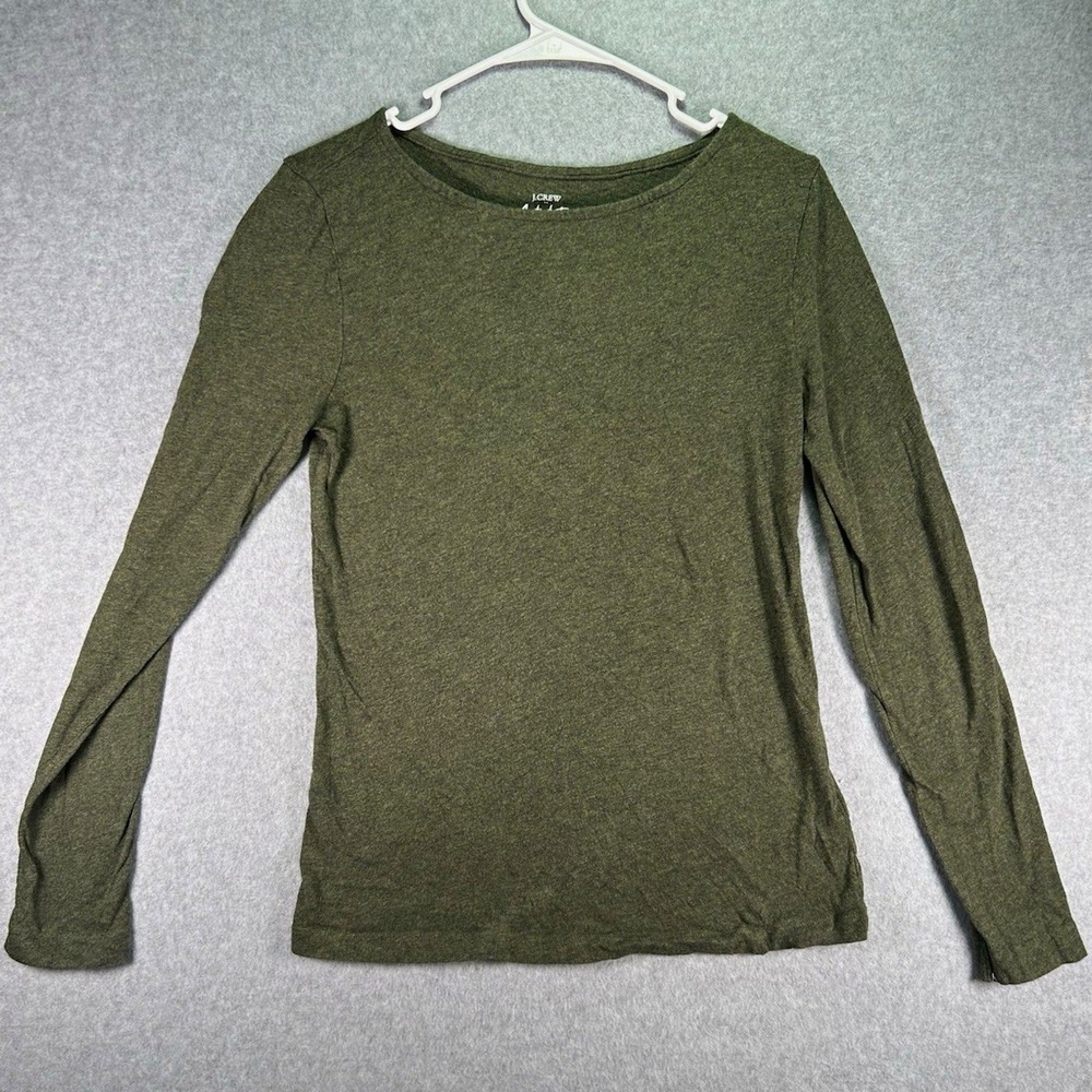 Hole* J.CREW Artist Tee Womens S Green Solid Cotton Knit Long Sleeve Scoop Neck